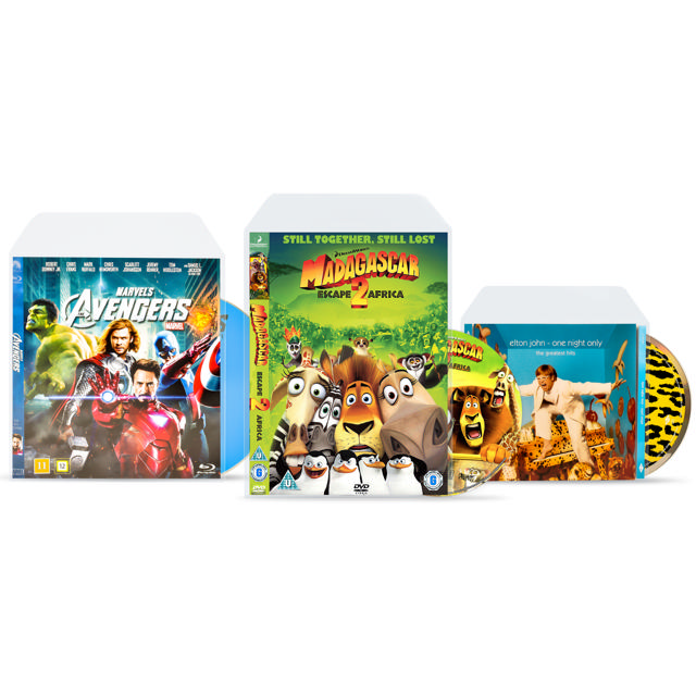 Näytepussi, jossa on DVD-, CD-, Blu-Ray- ja PS4/PS5-levyjen hylsyt.