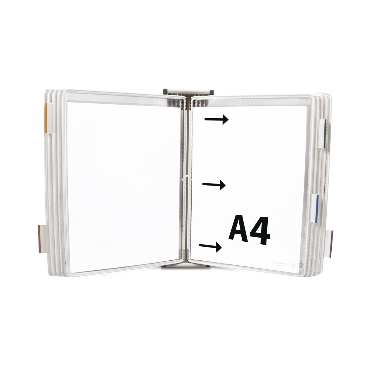 Tarifoldin metallinen seinälle kiinnitettävä asiakirjojen esitysjärjestelmä, A4, 10 taskua, vasemmalta puolelta täytettävä