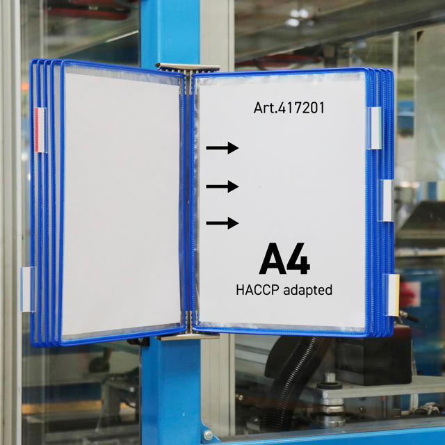 Tarifold ruostumattomasta teräksestä valmistettu seinälle kiinnitettävä asiakirjanäyttöjärjestelmä, A4, 10 taskua, vasemmalta puolelta täytettävä