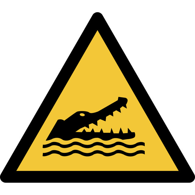 Turvallisuusmerkki: Varoitus krokotiileista, alligaattoreista tai kaimaaneista, 200 x 176 mm