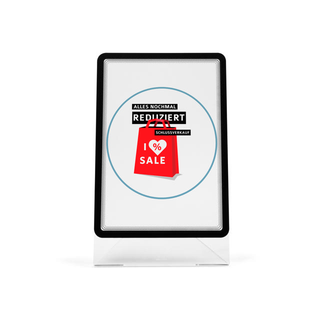 Akryylipöytäkylttipidike A4-magneettikehyksellä näyttötaskulla, vino L-muoto